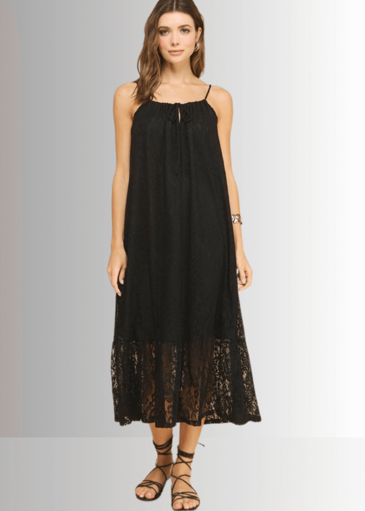 Made in USA Women's Lace Tie Front Midi Dress in Black, Lined to Knee,  Lace straps, Tiered with Flounce Ruffle Hem | Classy Cozy Cool Made in America Boutique