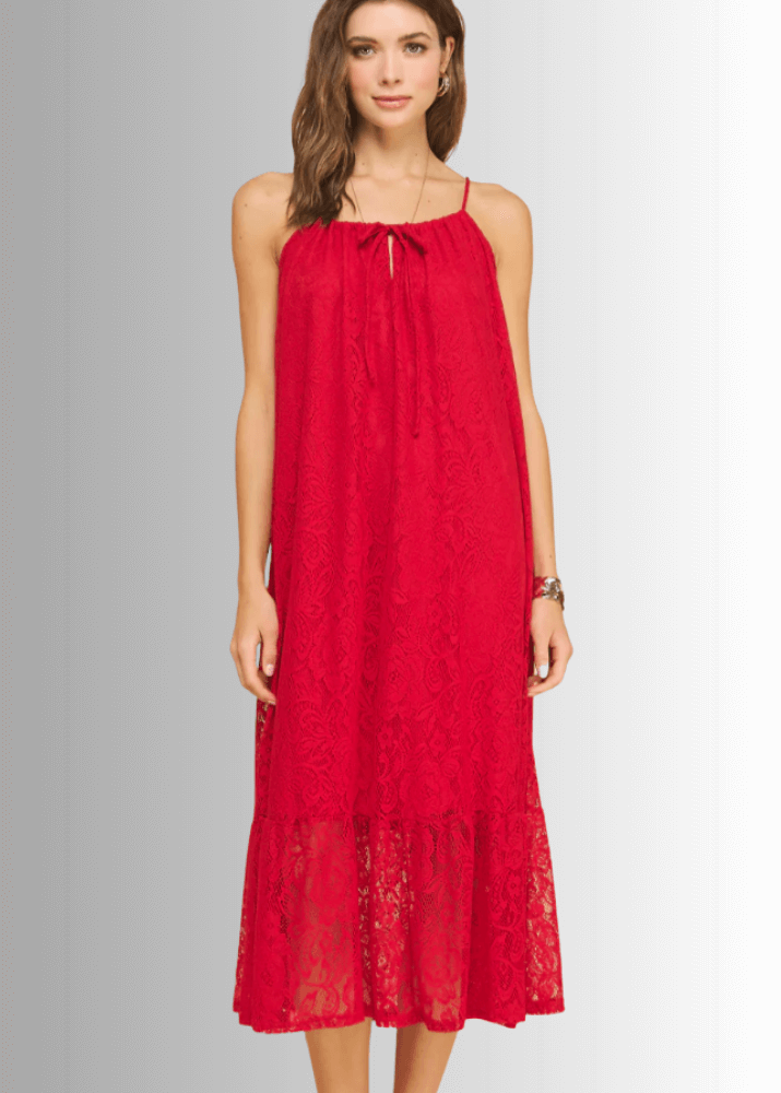 Made in USA Women's Lace Tie Front Midi Dress in Red, Lined to Knee,  Lace straps, Tiered with Flounce Ruffle Hem | Classy Cozy Cool Made in America Boutique