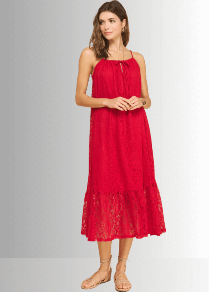 Made in USA Women's Lace Tie Front Midi Dress in Red, Lined to Knee,  Lace straps, Tiered with Flounce Ruffle Hem | Classy Cozy Cool Made in America Boutique