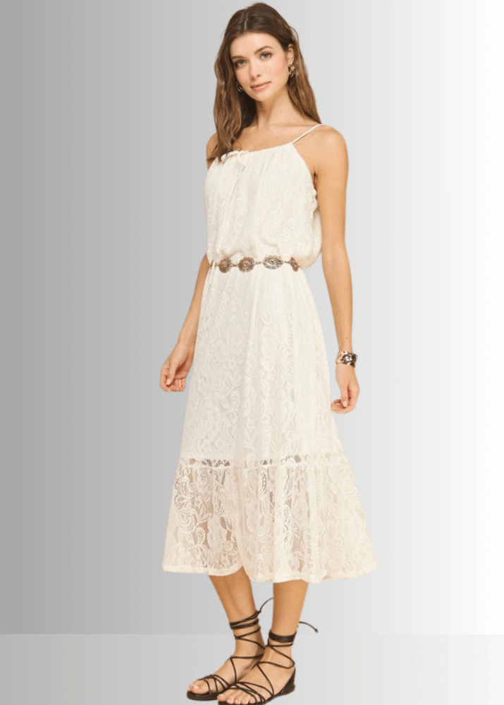 Made in USA Women's Lace Tie Front Midi Dress in Ivory, Lined to Knee,  Lace straps, Tiered with Flounce Ruffle Hem | Classy Cozy Cool Made in America Boutique