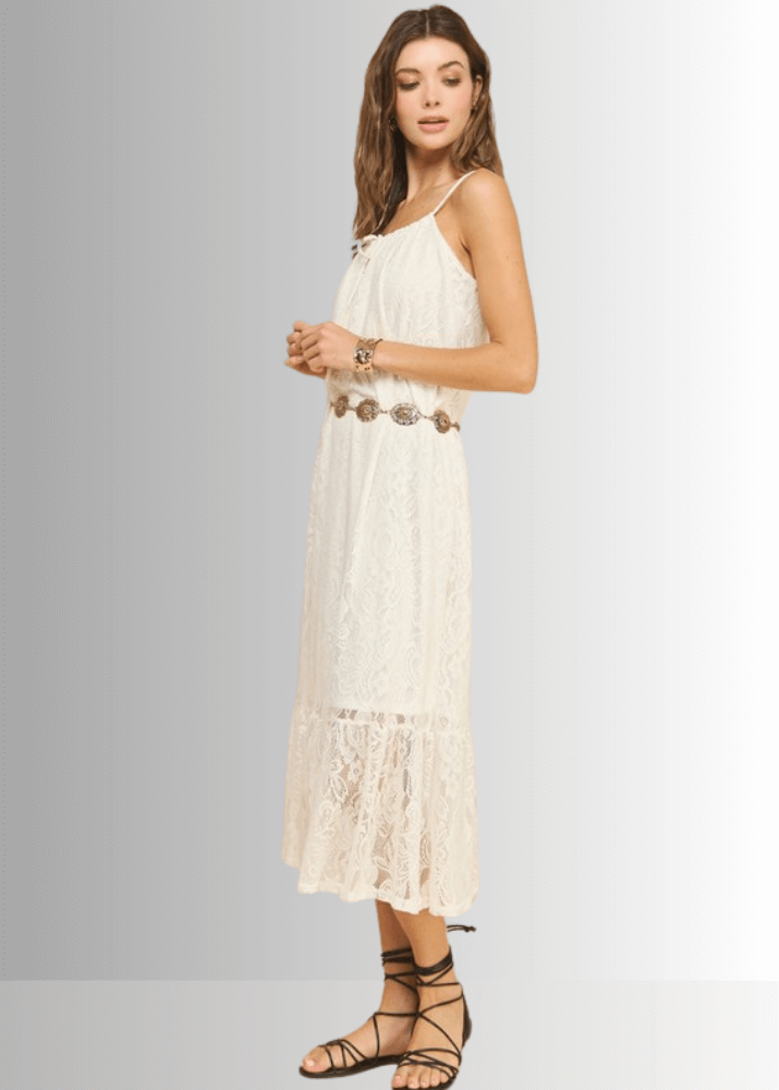 Made in USA Women's Lace Tie Front Midi Dress in Ivory, Lined to Knee,  Lace straps, Tiered with Flounce Ruffle Hem | Classy Cozy Cool Made in America Boutique