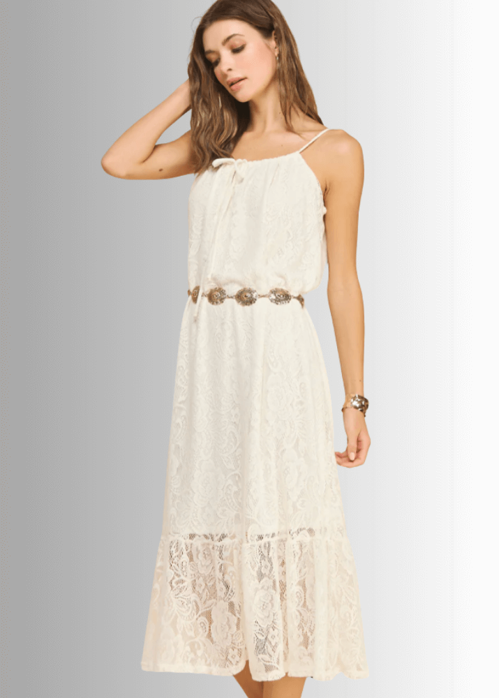 Made in USA Women's Lace Tie Front Midi Dress in Ivory, Lined to Knee,  Lace straps, Tiered with Flounce Ruffle Hem | Classy Cozy Cool Made in America Boutique