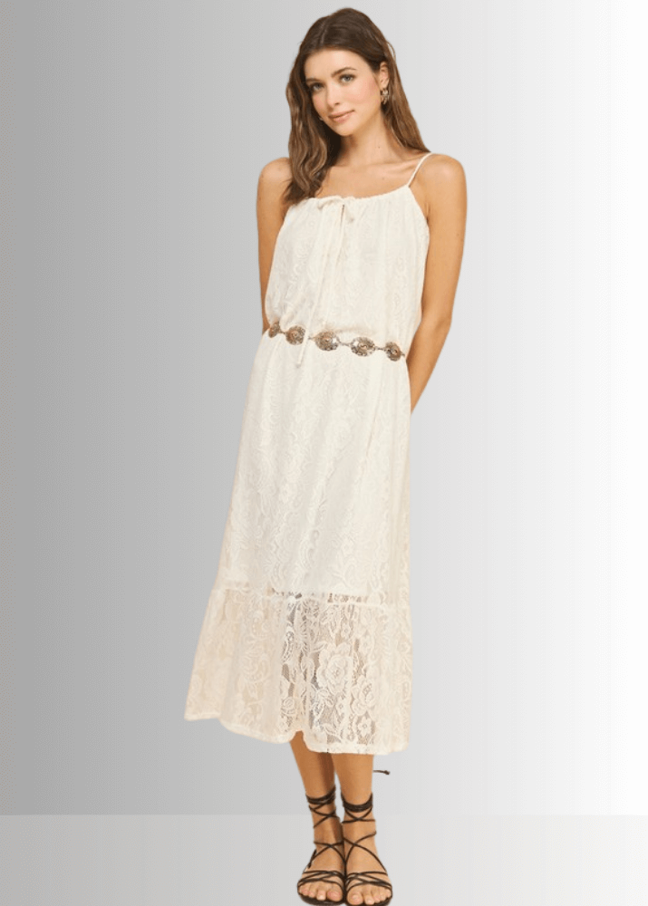 Made in USA Women's Lace Tie Front Midi Dress in Ivory, Lined to Knee,  Lace straps, Tiered with Flounce Ruffle Hem | Classy Cozy Cool Made in America Boutique