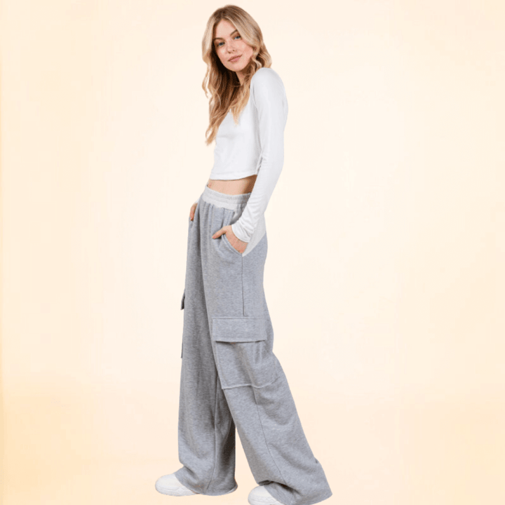 Made in USA Women's French Terry Cargo Sweats Super Soft and Cuddly Cargo Sweat Pants with 4 pockets & Comfortable Thick elastic waist in 2-Tone Grey Baggy Fit