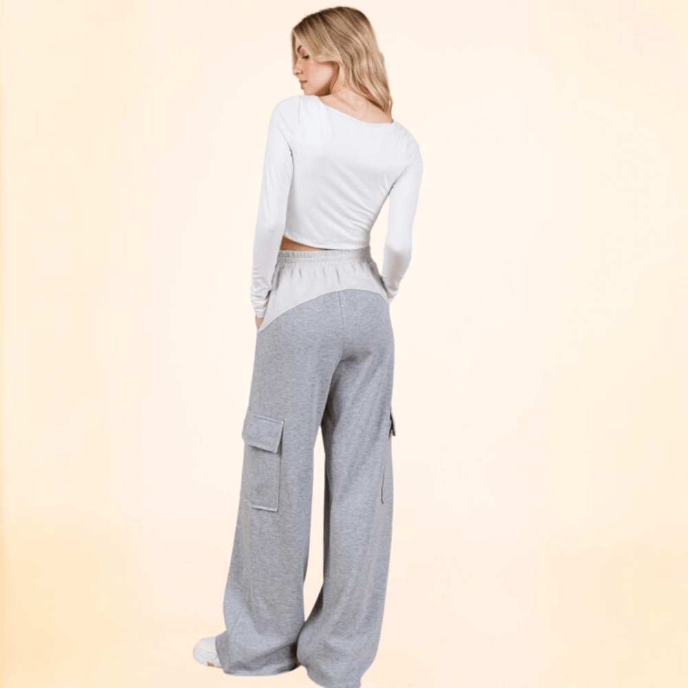 Made in USA Women's French Terry Cargo Sweats Super Soft and Cuddly Cargo Sweat Pants with 4 pockets & Comfortable Thick elastic waist in 2-Tone Grey Baggy Fit