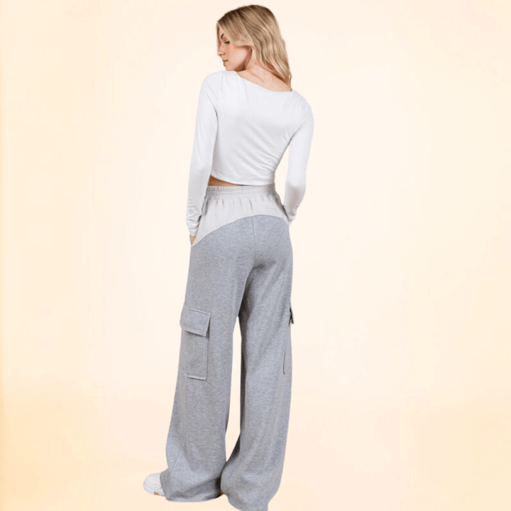 Made in USA Women's French Terry Cargo Sweats Super Soft and Cuddly Cargo Sweat Pants with 4 pockets & Comfortable Thick elastic waist in 2-Tone Grey Baggy Fit