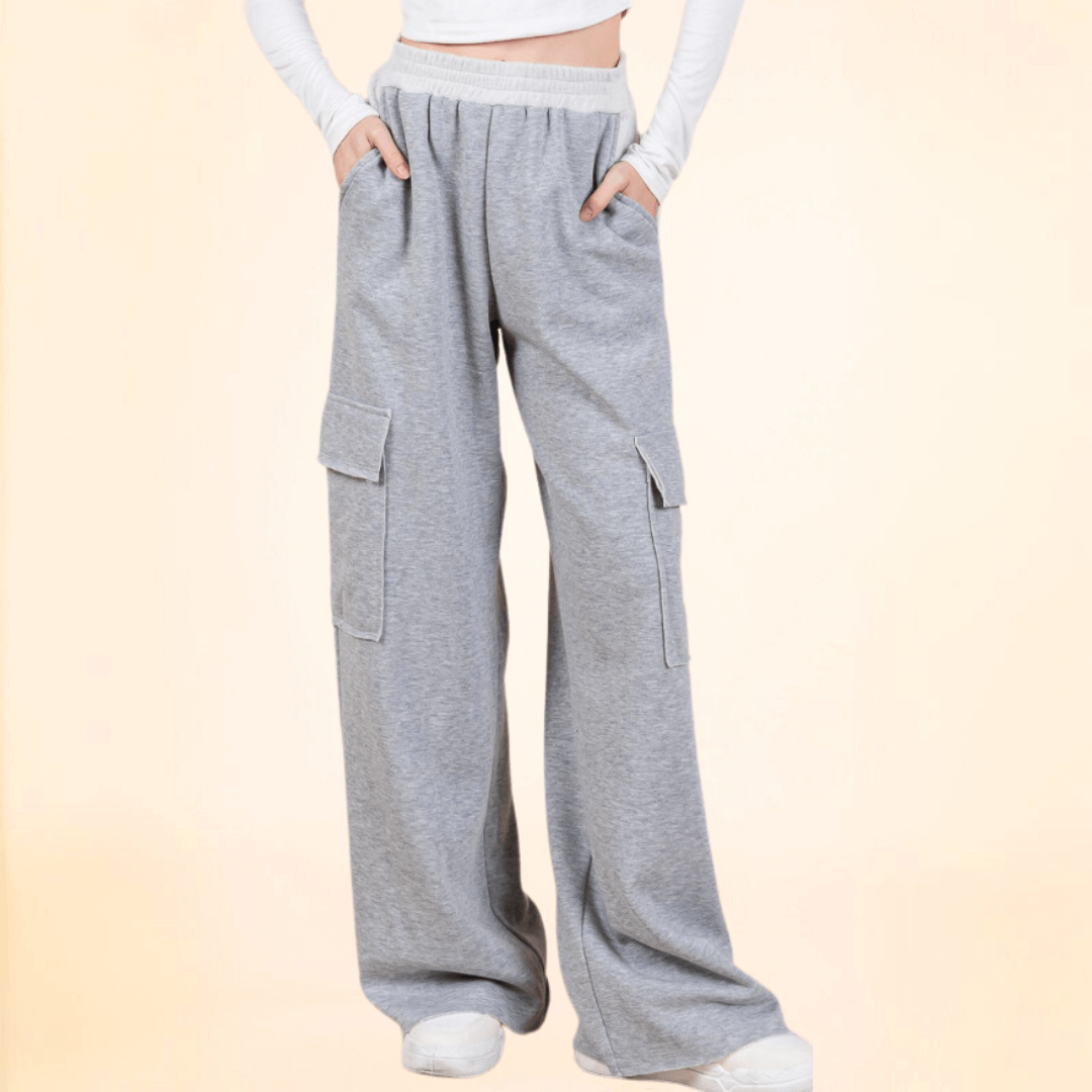 Made in USA Women's French Terry Cargo Sweats Super Soft and Cuddly Cargo Sweat Pants with 4 pockets & Comfortable Thick elastic waist in 2-Tone Grey Baggy Fit