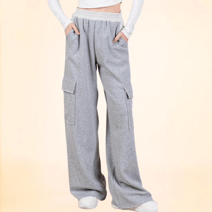 Made in USA Women's French Terry Cargo Sweats Super Soft and Cuddly Cargo Sweat Pants with 4 pockets & Comfortable Thick elastic waist in 2-Tone Grey Baggy Fit