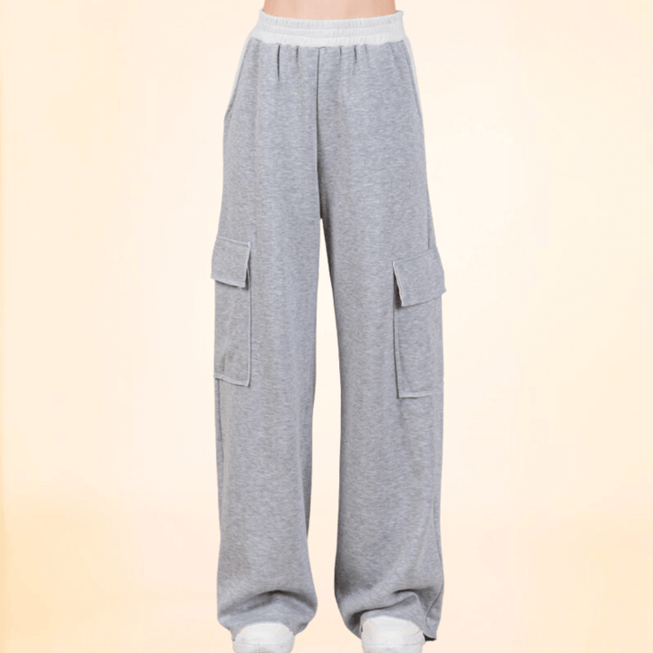 Made in USA Women's French Terry Cargo Sweats Super Soft and Cuddly Cargo Sweat Pants with 4 pockets & Comfortable Thick elastic waist in 2-Tone Grey Baggy Fit