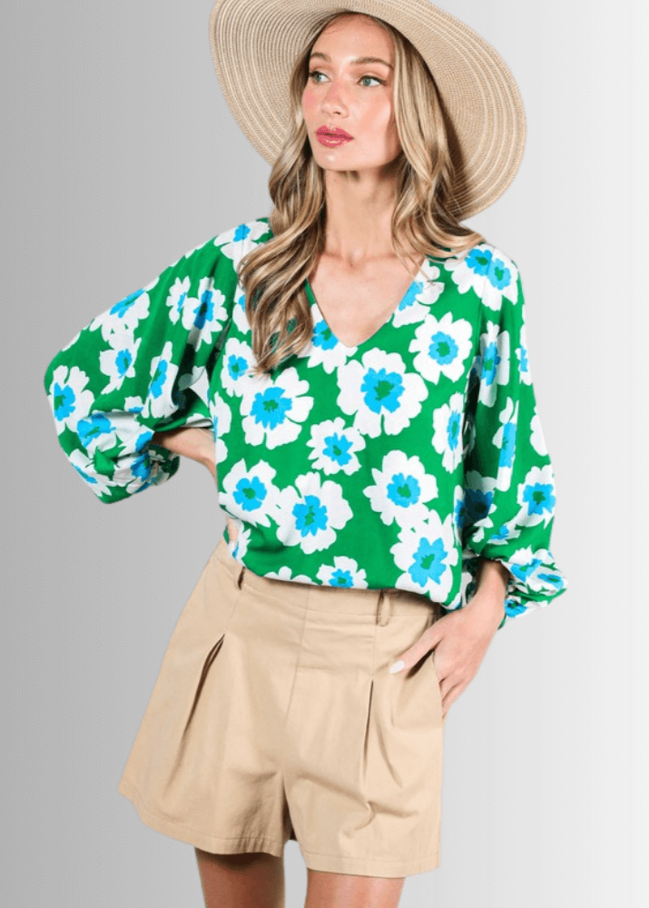 USA Made Women's Beautiful Green V-Neck Satin Bubble Sleeve Floral Dressy Top | Classy Cozy Cool Women's Made in America Boutique