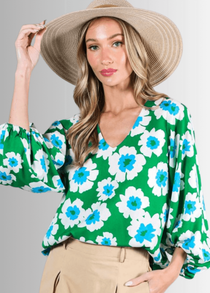USA Made Women's Beautiful Green V-Neck Satin Bubble Sleeve Floral Dressy Top | Classy Cozy Cool Women's Made in America Boutique