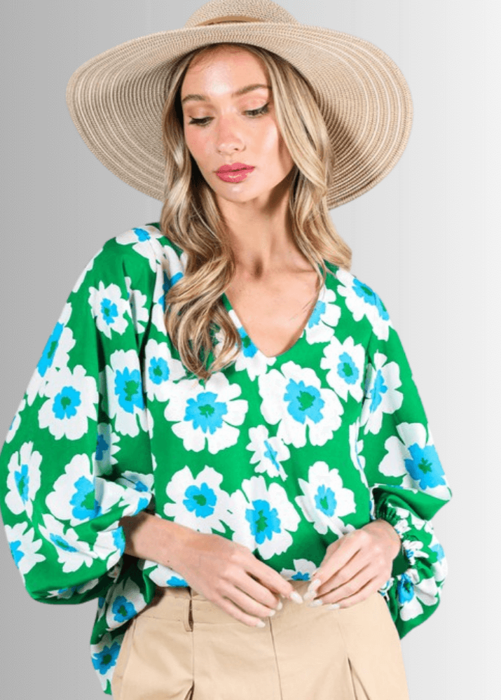 USA Made Women's Beautiful Green V-Neck Satin Bubble Sleeve Floral Dressy Top | Classy Cozy Cool Women's Made in America Boutique