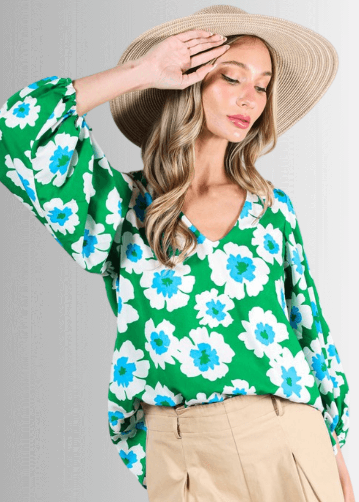 USA Made Women's Beautiful Green V-Neck Satin Bubble Sleeve Floral Dressy Top | Classy Cozy Cool Women's Made in America Boutique