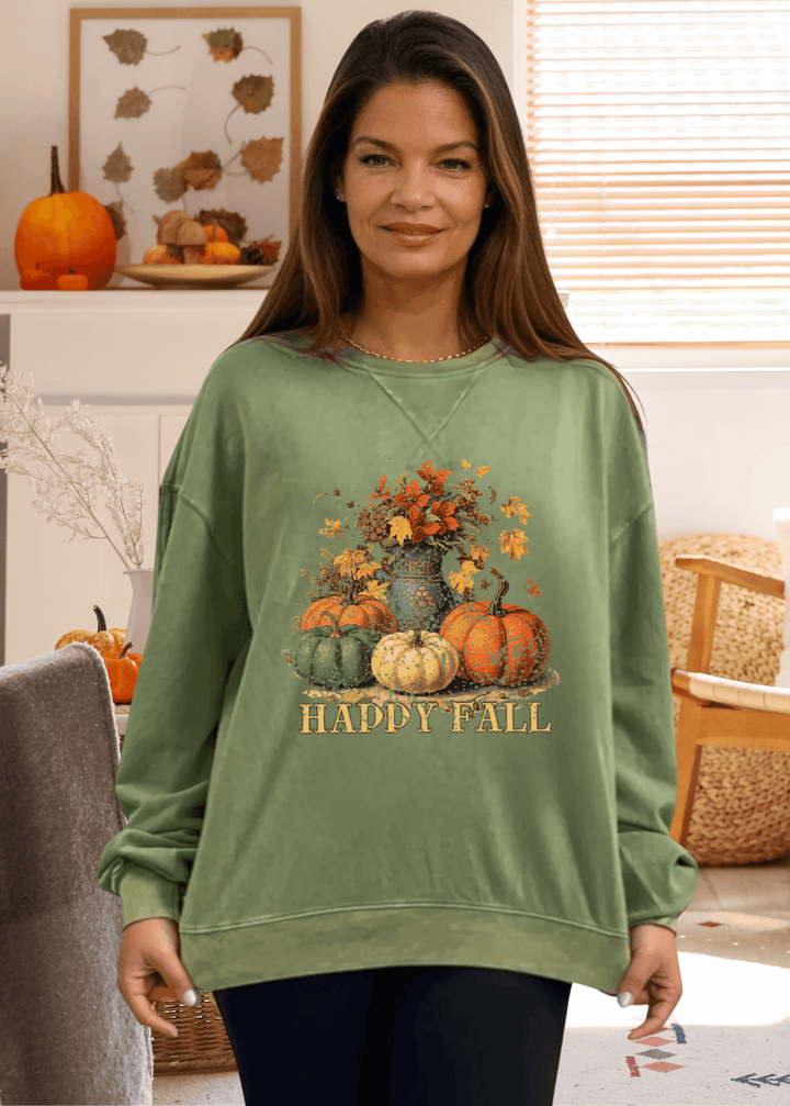 Celebrate the season in cozy style with this USA made vintage look oversized "Happy Fall" sweatshirt with charming pumpkins and fall flowers. 100% USA Cotton