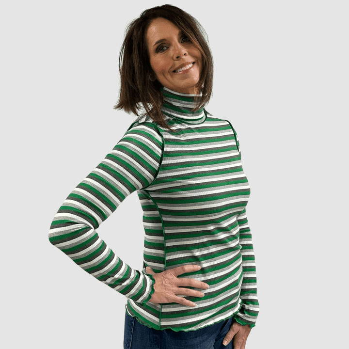 Made in USA Women's Super Cute Green and White Striped Turtle Neck Top, Lightweight Ribbed knit fabric, Lettuce merrow stitch detail at Cuffs & Hem, Inside Out Seams