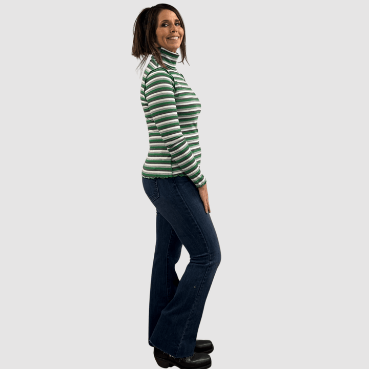 Made in USA Women's Super Cute Green and White Striped Turtle Neck Top, Lightweight Ribbed knit fabric, Lettuce merrow stitch detail at Cuffs & Hem, Inside Out Seams