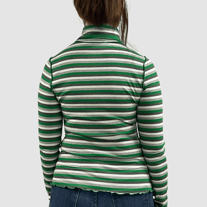 Made in USA Women's Super Cute Green and White Striped Turtle Neck Top, Lightweight Ribbed knit fabric, Lettuce merrow stitch detail at Cuffs & Hem, Inside Out Seams