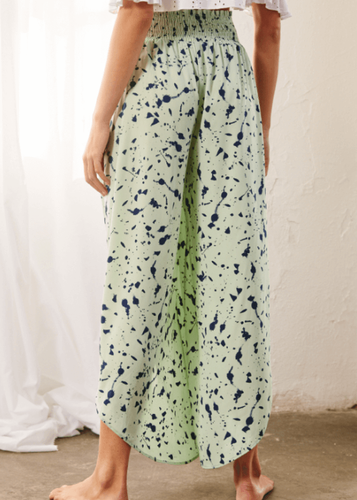 Made in USA Women's Fun Lime Green and Navy Splatter Printed Smocked Waist Pants with Pockets and Asymmetrical Cropped Hem | Brand: Bucket List Style P5024  | Made in USA