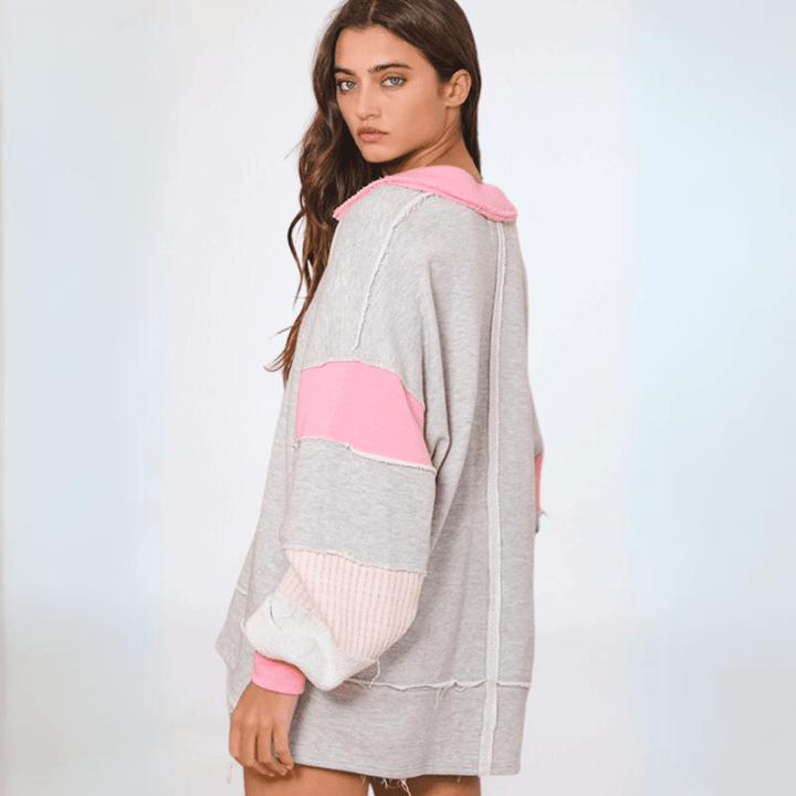 Brand: Bucket List Clothing Style# T2004 | Oversized Ladies French Terry 100% Cotton Color Block Sweatshirt with Collar in Grey/Pink | Made in USA