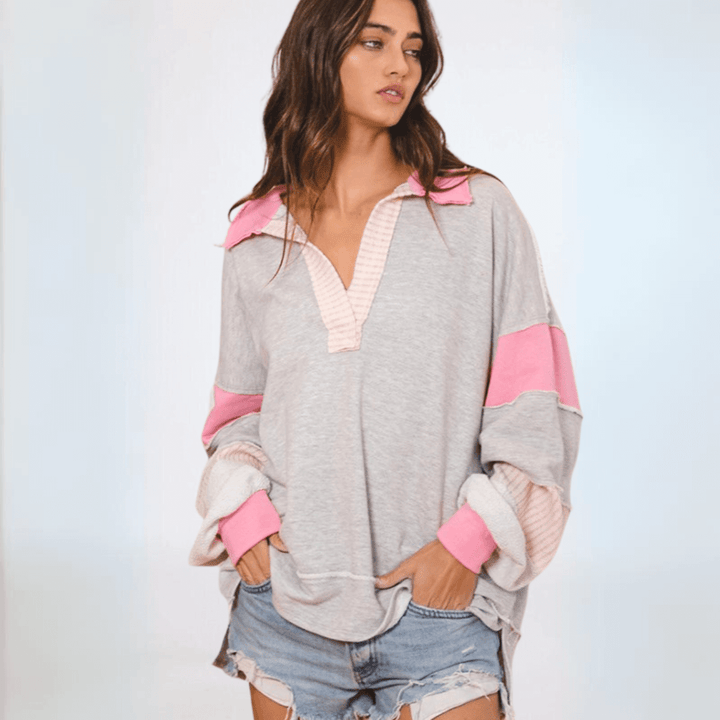 Brand: Bucket List Clothing Style# T2004 | Oversized Ladies French Terry 100% Cotton Color Block Sweatshirt with Collar in Grey/Pink | Made in USA