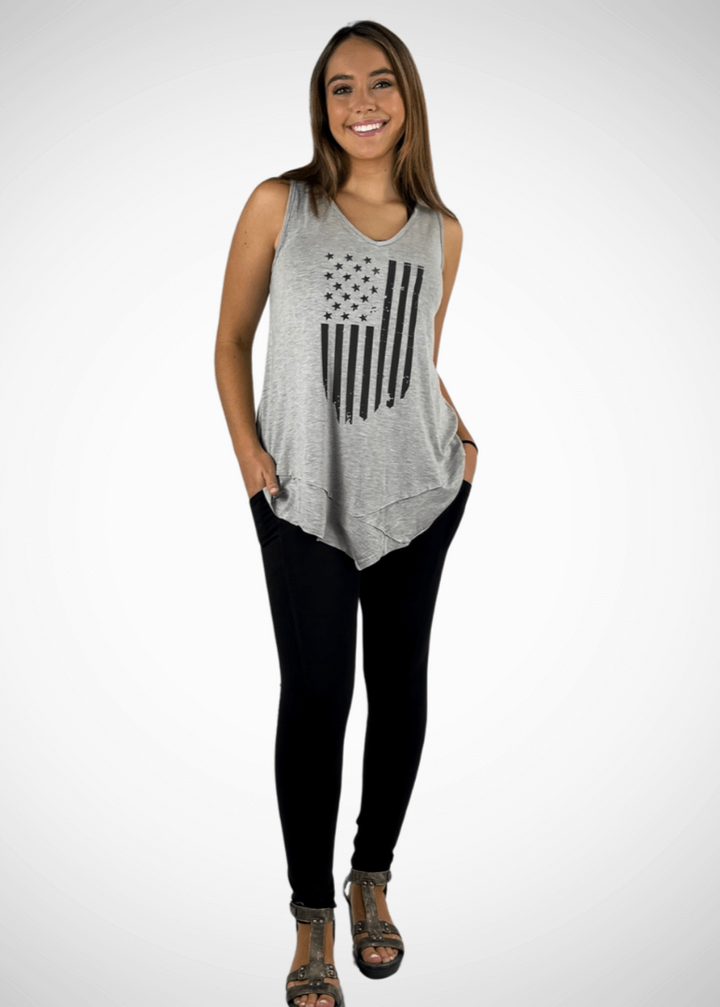 USA Made  American Flag Graphic Ladies Light Heather Grey Sleeveless V-Neck Asymmetrical Top  | Classy Cozy Cool Women's American Made Boutique