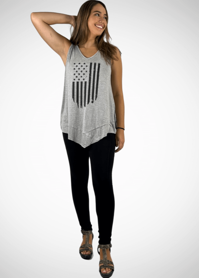 USA Made  American Flag Graphic Ladies Light Heather Grey Sleeveless V-Neck Asymmetrical Top  | Classy Cozy Cool Women's American Made Boutique