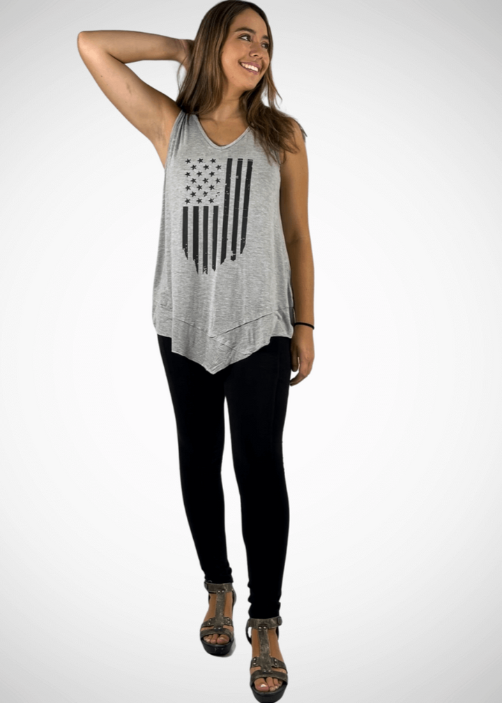 USA Made  American Flag Graphic Ladies Light Heather Grey Sleeveless V-Neck Asymmetrical Top  | Classy Cozy Cool Women's American Made Boutique
