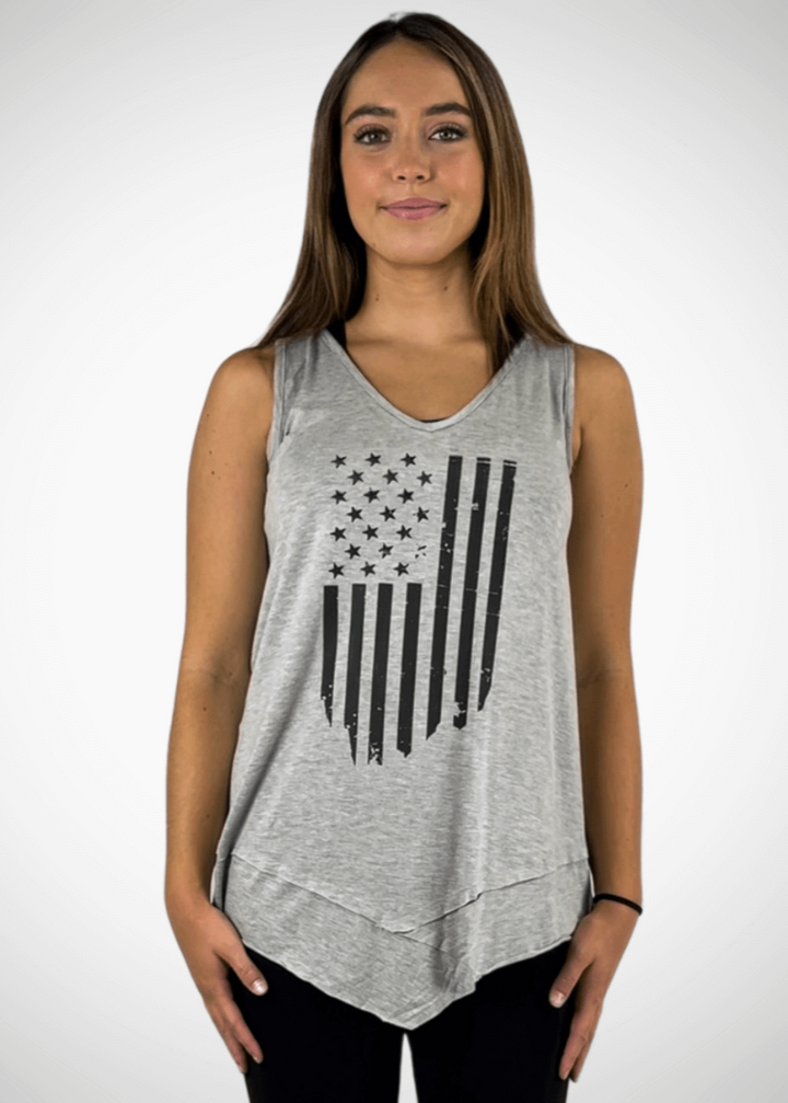 USA Made  American Flag Graphic Ladies Light Heather Grey Sleeveless V-Neck Asymmetrical Top  | Classy Cozy Cool Women's American Made Boutique