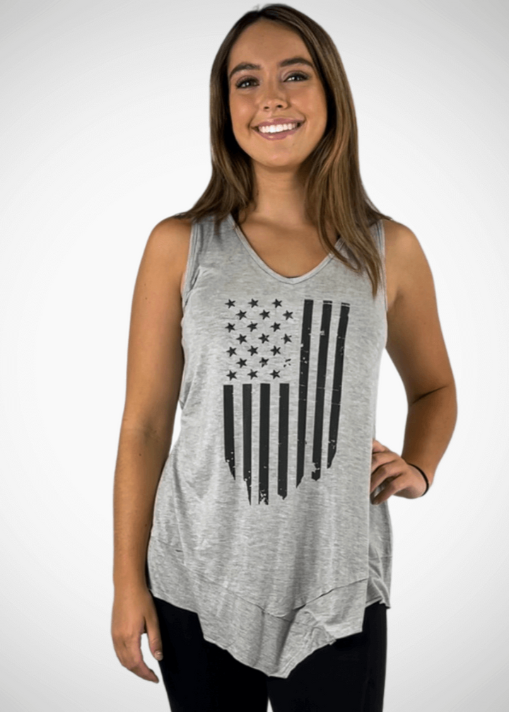 USA Made  American Flag Graphic Ladies Light Heather Grey Sleeveless V-Neck Asymmetrical Top  | Classy Cozy Cool Women's American Made Boutique