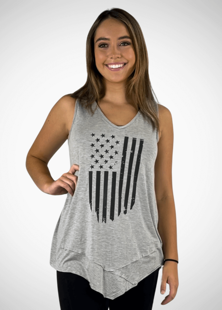 USA Made  American Flag Graphic Ladies Light Heather Grey Sleeveless V-Neck Asymmetrical Top  | Classy Cozy Cool Women's American Made Boutique