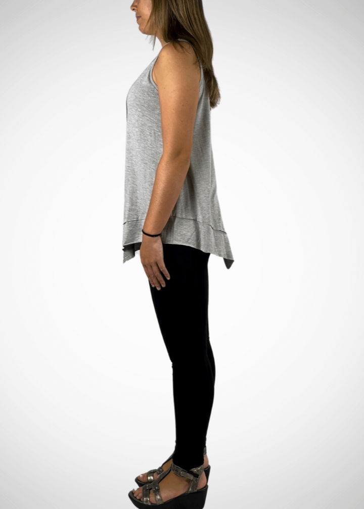 USA Made  American Flag Graphic Ladies Light Heather Grey Sleeveless V-Neck Asymmetrical Top  | Classy Cozy Cool Women's American Made Boutique