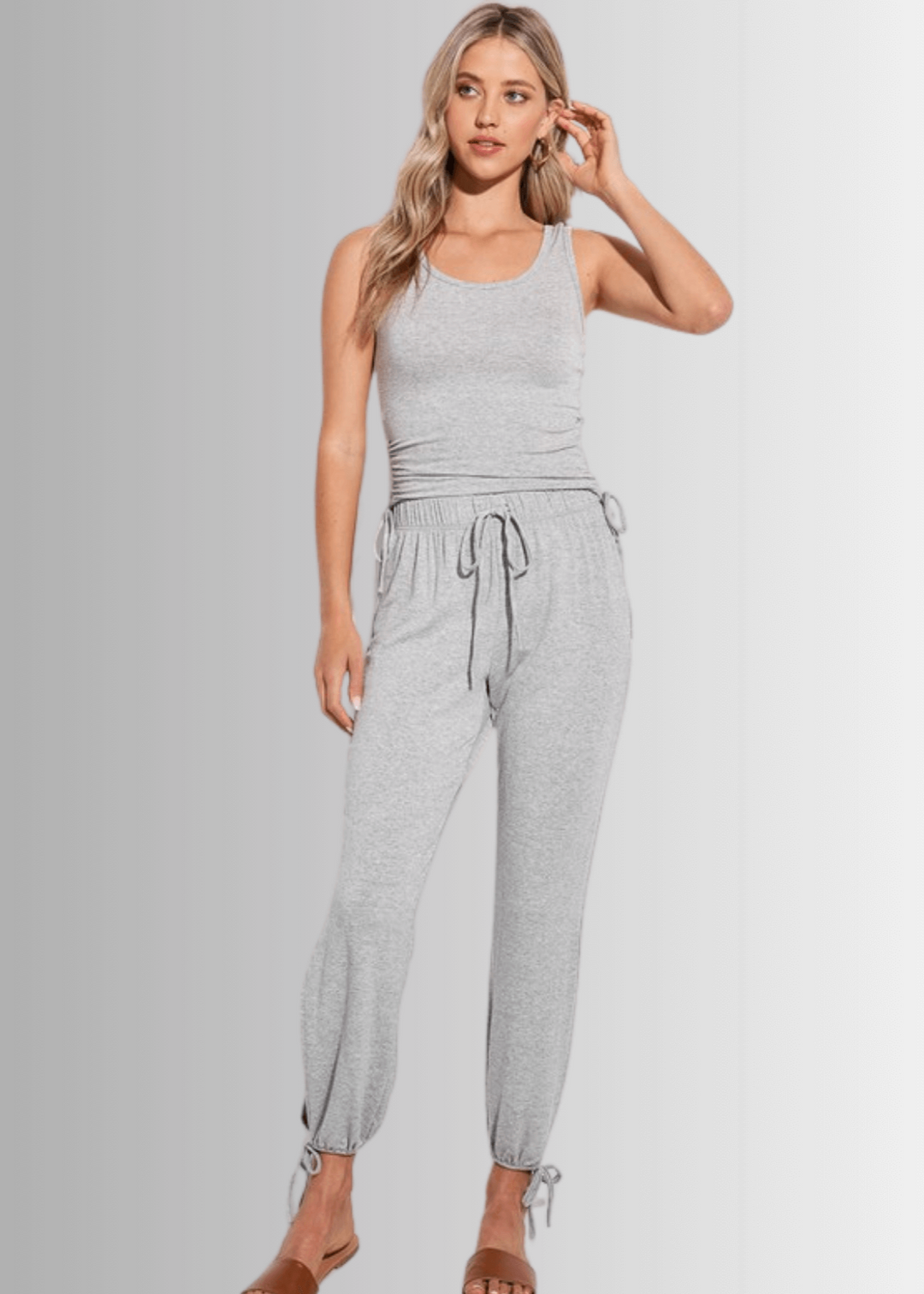 USA Made Women's Soft Brushed Fitted Tank Top and Jogger Set in Heather Gray or Light Gray | Classy Cozy Cool Women's Made in America Boutique