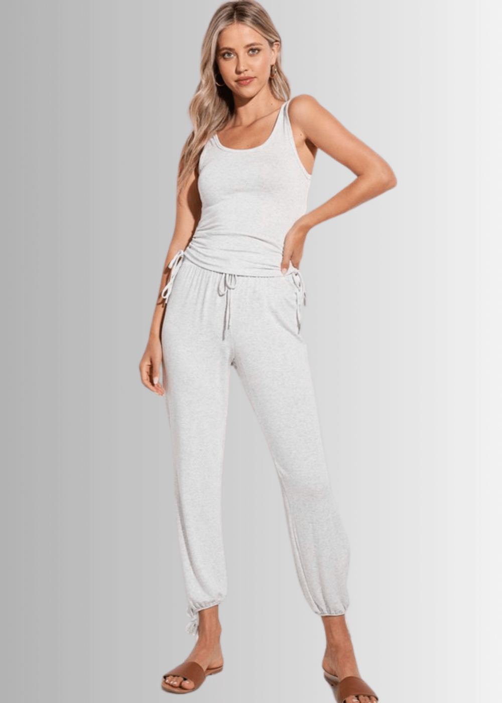 USA Made Women's Soft Brushed Fitted Tank Top and Jogger Set in Heather Gray or Light Gray | Classy Cozy Cool Women's Made in America Boutique