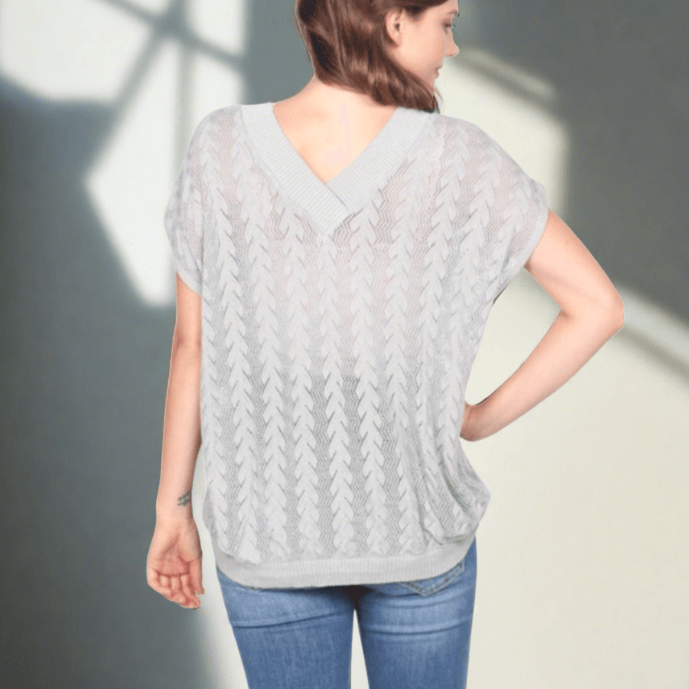 Made in USA Women's Sheer Knit Pattern Relaxed Fit Double V-Neck Accent Top in Light Grey with Short Sleeves | Classy Cozy Cool Made in USA Boutique