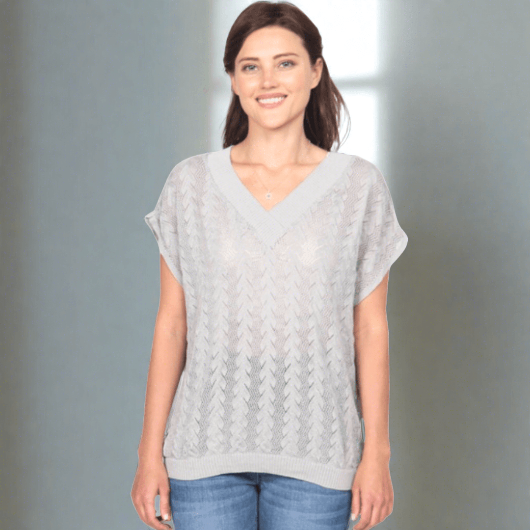 Made in USA Women's Sheer Knit Pattern Relaxed Fit Double V-Neck Accent Top in Light Grey with Short Sleeves | Classy Cozy Cool Made in USA Boutique