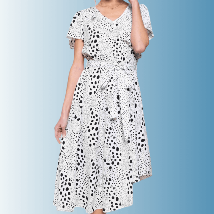 Women's Feminine V-Neck Black and White Polka Dot Midi Dress, Flutter Short Sleeves, Ruffle Front Detail, Belt Waistline, Asymmetrical Hem | Made in USA