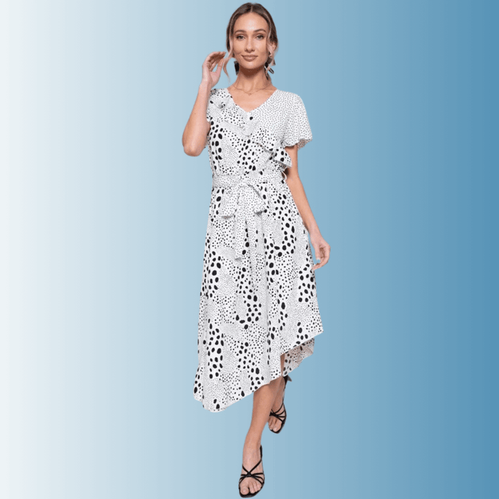 Women's Feminine V-Neck Black and White Polka Dot Midi Dress, Flutter Short Sleeves, Ruffle Front Detail, Belt Waistline, Asymmetrical Hem | Made in USA