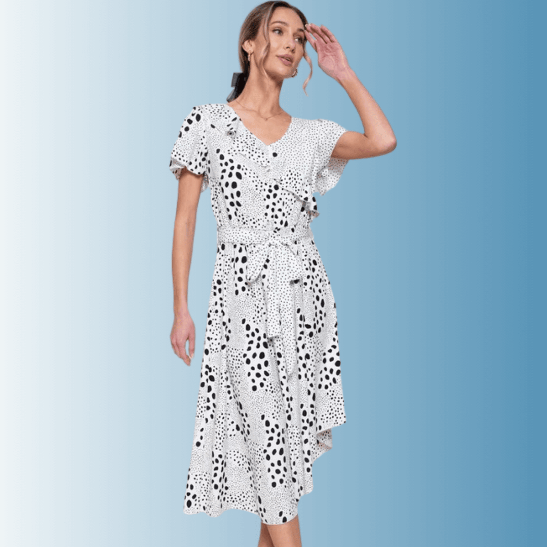 Women's Feminine V-Neck Black and White Polka Dot Midi Dress, Flutter Short Sleeves, Ruffle Front Detail, Belt Waistline, Asymmetrical Hem | Made in USA