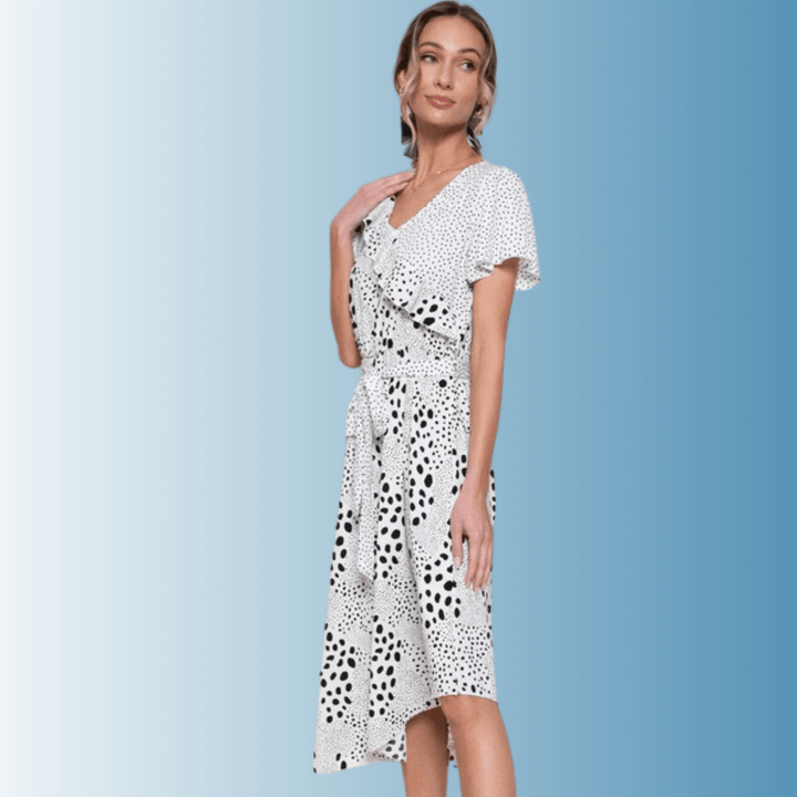 Women's Feminine V-Neck Black and White Polka Dot Midi Dress, Flutter Short Sleeves, Ruffle Front Detail, Belt Waistline, Asymmetrical Hem | Made in USA