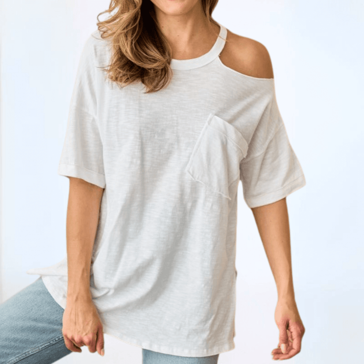 Made in USA Women's One Shoulder Cut Out Relaxed Fit Tee Short Sleeves Slouchy Front Patch Pocket with Raw Edge Detail, Oversized Fit, Side Slits 100% Cotton in White | Classy Cozy Cool Women's Made in America Boutique