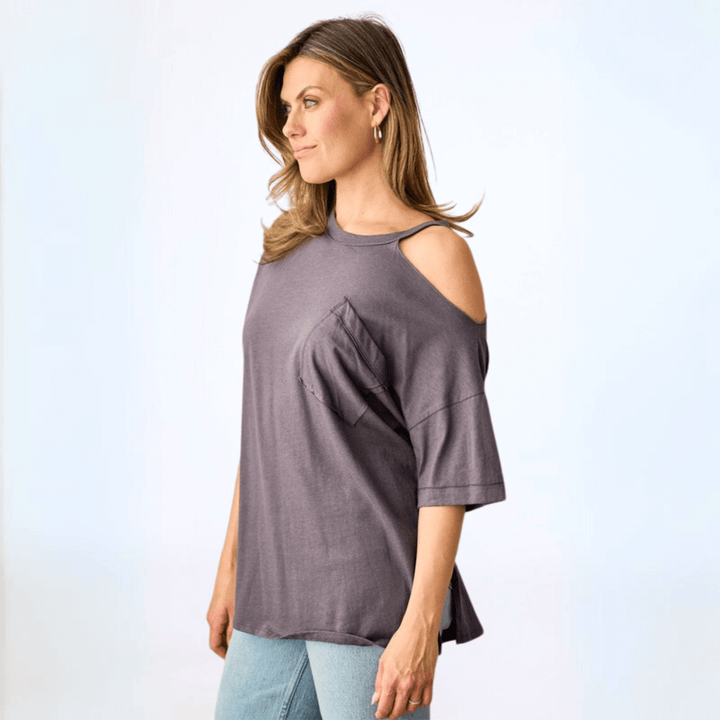 Made in USA Women's One Shoulder Cut Out Relaxed Fit Tee Short Sleeves Slouchy Front Patch Pocket with Raw Edge Detail, Oversized Fit, Side Slits 100% Cotton in Charcoal Grey | Classy Cozy Cool Women's Made in America Boutique