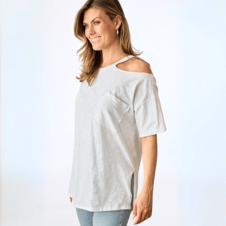 Made in USA Women's One Shoulder Cut Out Relaxed Fit Tee Short Sleeves Slouchy Front Patch Pocket with Raw Edge Detail, Oversized Fit, Side Slits 100% Cotton in White | Classy Cozy Cool Women's Made in America Boutique