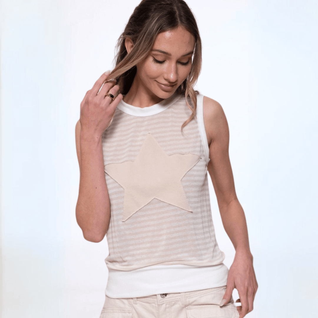USA Made Women's Semi-Sheer Fitted Cute Striped Tank Top with Applique Star Detail and Contrast Banded Neck & Hem, Very Lightweight in Taupe | Classy Cozy Cool Made in America Boutique