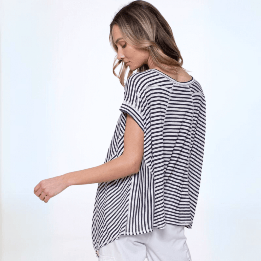 Made in USA Women's Lightweight Slouchy Handkerchief Hem Semi-Sheer Black & White Striped Oversized Top | Classy Cozy Cool Made in America Boutique
