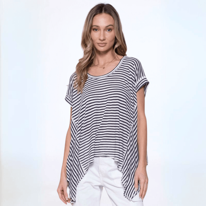 Made in USA Women's Lightweight Slouchy Handkerchief Hem Semi-Sheer Black & White Striped Oversized Top | Classy Cozy Cool Made in America Boutique