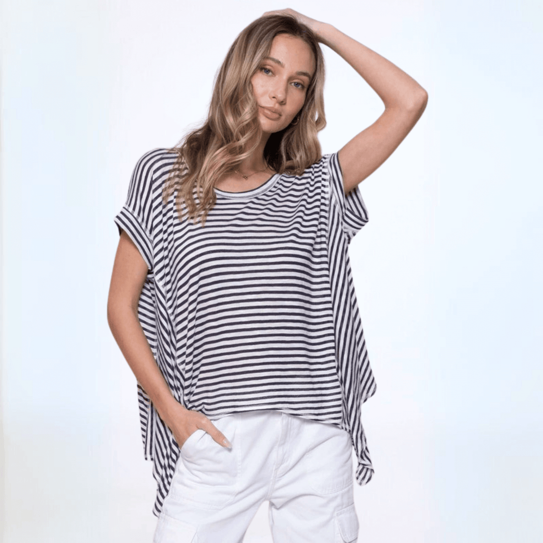 Made in USA Women's Lightweight Slouchy Handkerchief Hem Semi-Sheer Black & White Striped Oversized Top | Classy Cozy Cool Made in America Boutique