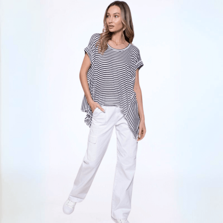 Made in USA Women's Lightweight Slouchy Handkerchief Hem Semi-Sheer Black & White Striped Oversized Top | Classy Cozy Cool Made in America Boutique
