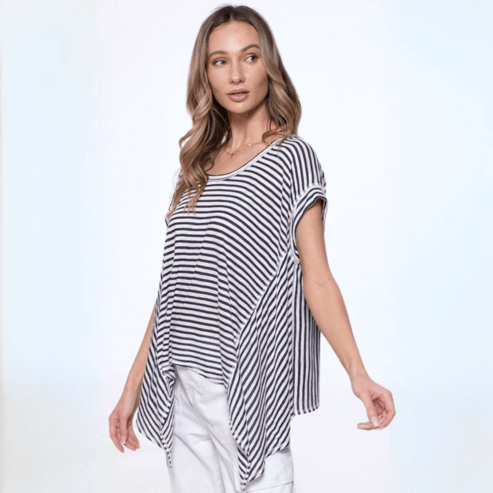 Made in USA Women's Lightweight Slouchy Handkerchief Hem Semi-Sheer Black & White Striped Oversized Top | Classy Cozy Cool Made in America Boutique