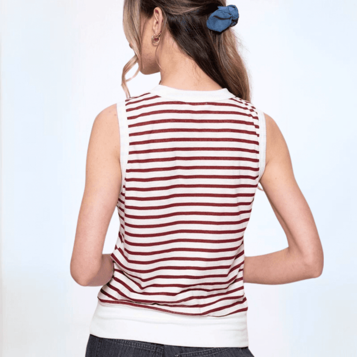 USA Made Women's Semi-Sheer Fitted Cute Striped Tank Top with Contrast Banded Neck & Hem, Very Lightweight in Burgundy | Classy Cozy Cool Made in America Boutique