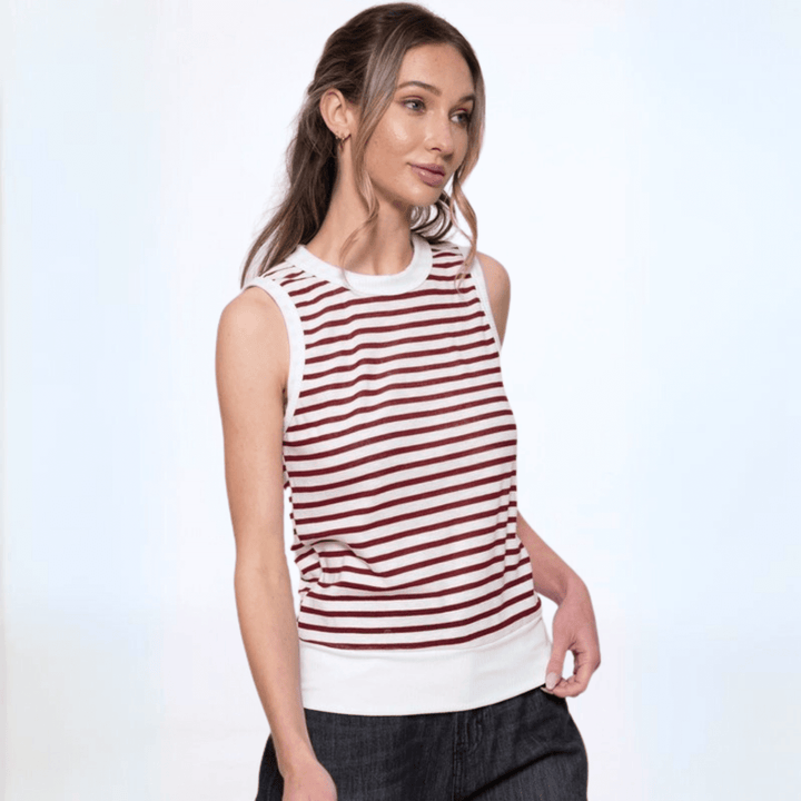 USA Made Women's Semi-Sheer Fitted Cute Striped Tank Top with Contrast Banded Neck & Hem, Very Lightweight in Burgundy | Classy Cozy Cool Made in America Boutique